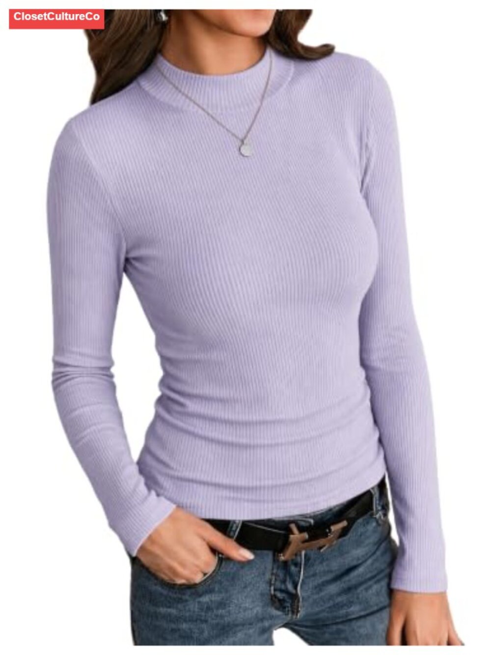 Mock Neck Ribbed Knit Slim Fit Long Sleeve Top Women's Basic Tee